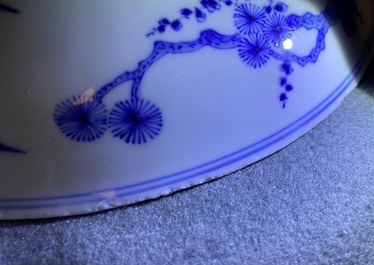 A Chinese blue and white 'Three friends of winter' dish, Xuande mark, Kangxi